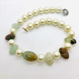 Vintage Carved Prehnite Scarab Stone Pearl Necklace